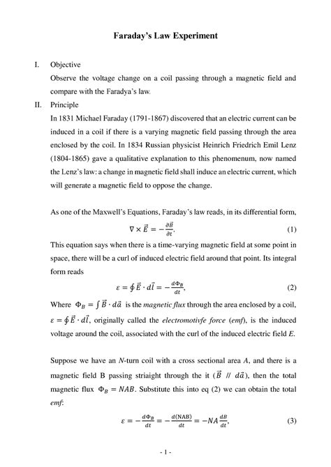 Faradays-law-experiment - 1 - Faraday’s Law Experiment I. Objective Observe the voltage change ...