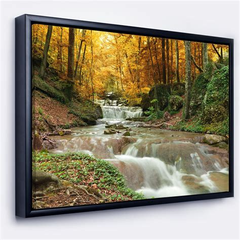 Designart ' Forest Waterfall with Yellow Trees ' Large Landscape Framed ...