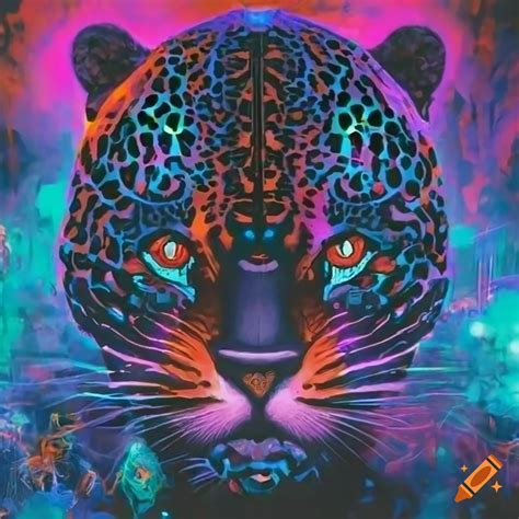 Black jaguar in cyberpunk space with colorful lights