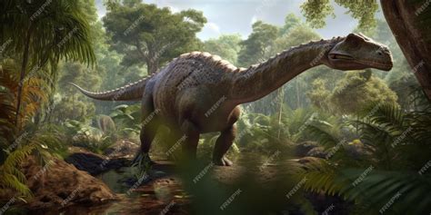 Premium AI Image | A dinosaur in a jungle scene with a t - rex on its back.