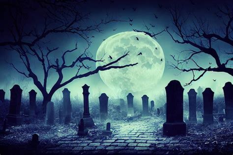 Premium Photo | Graveyard cemetery to castle In Spooky scary dark Night full moon and bats on ...