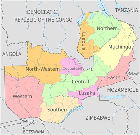 Map of Zambia provinces - Zambian map with provinces (Eastern Africa ...