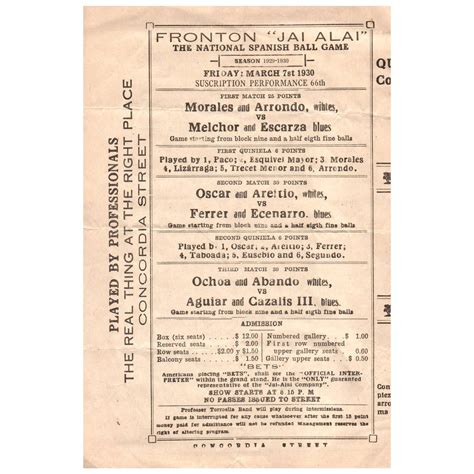 1930 Fronton Jai Alai Flyer Poster Schedule and Rules Concordia Street ...