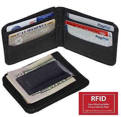 RFID Blocking Black Leather Men's Magnetic Money Clip ID Card Bifold ...