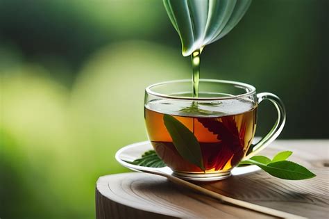 Premium AI Image | a cup of tea with leaves and a green background