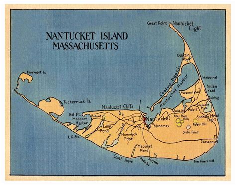 Nantucket Island Map of Nantucket Massachusetts Print Blue | Etsy