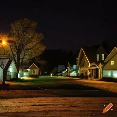 Night view of a peaceful suburban neighborhood on Craiyon