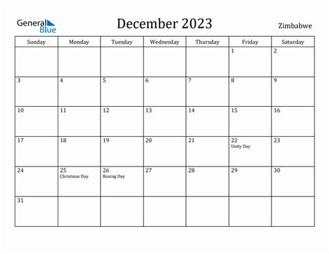 December 2023 Monthly Calendar with Zimbabwe Holidays