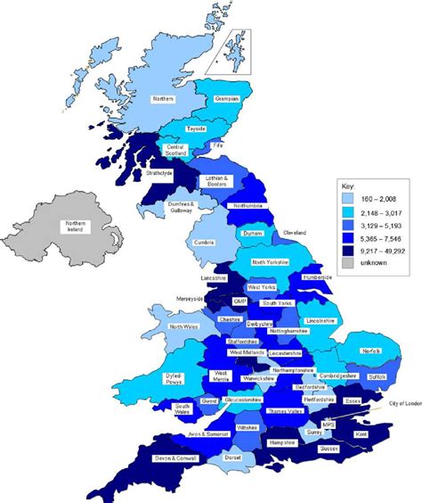 A UK map of missing people reports per police force for 2010–2011 ...