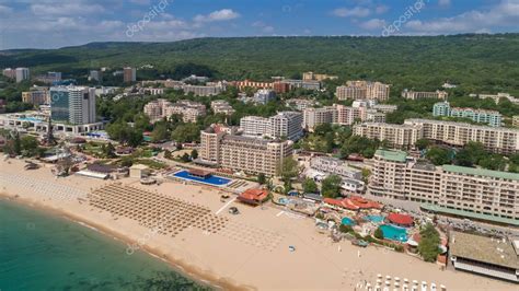 GOLDEN SANDS BEACH, VARNA, BULGARIA - MAY 15, 2017. Aerial view of the ...