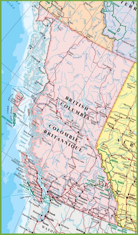 Large detailed map of British Columbia with cities and towns