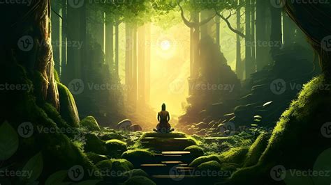 person in yoga position meditation in the deep green forest illustration design. . 21771002 ...