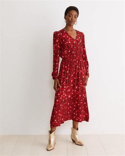 Oliver Bonas Floral Animal Print V-neck Midi Dress in Red | Lyst