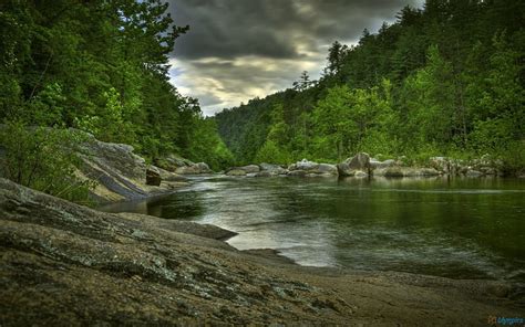 Rainy Day, rocks, shore, storm clouds, nature, river, trees, HD wallpaper | Peakpx