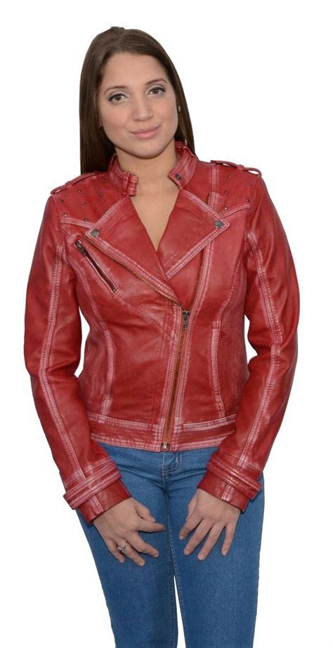 Ladies Red Sheepskin Leather Motorcycle Style Jacket Classic Collar, Studding | eBay ...