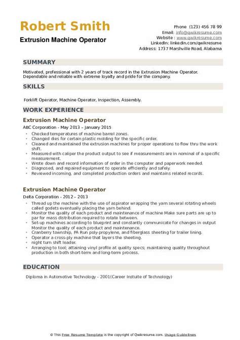 Extrusion Machine Operator Resume Samples | QwikResume