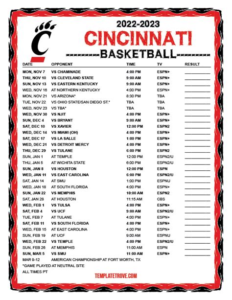 Printable 2022-2023 Cincinnati Bearcats Basketball Schedule