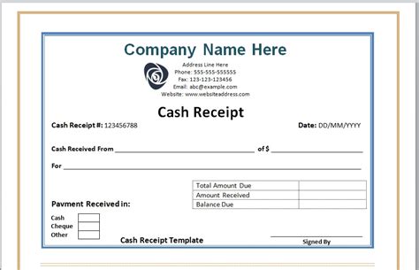 Free Cash Receipt Template Word