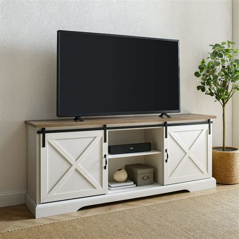 Manor Park Sliding Door TV Stand for TVs up to 80", White/Barnwood - Walmart.com - Walmart.com