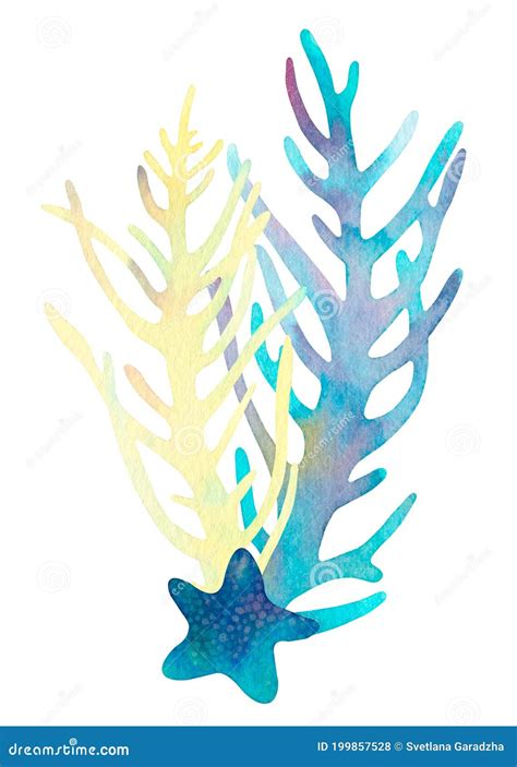 Coral Reef Watercolor Illustration Composition. Hand Drawn Underwater Sea Life Decorative Design ...