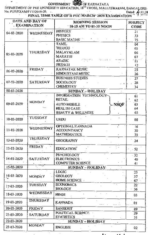 Karnataka 1st & 2nd PUC Examination Time Table 2020 Released - EdNewz.in