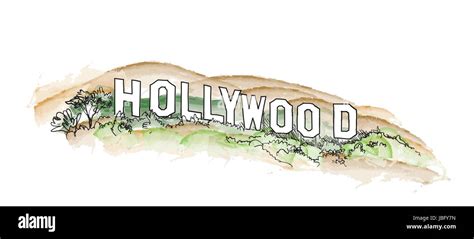 Hollywood sign watercolor illustration. Hollywood hill landscape view ...