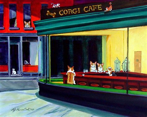 Corgi Cafe After Hopper Painting by Lyn Cook