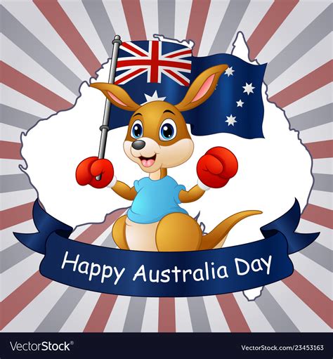 Happy australia day kangaroo holding a flag on map