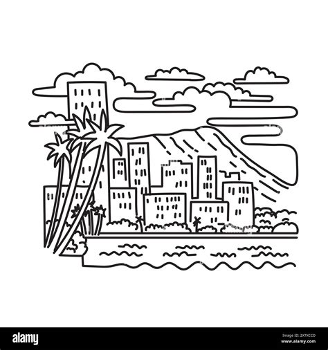 Mono line illustration of Waikiki beach view with Diamond Head in the ...