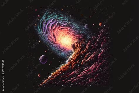 Pixel art galaxy, stardust, black hole, background in retro style for bit game, Generative AI ...