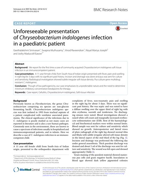 (PDF) Unforeseeable presentation of Chryseobacterium indologenes infection in a paediatric patient