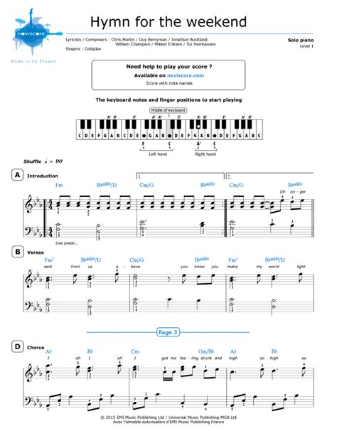 Piano sheet music Hymn for the Weekend (Coldplay) | Noviscore sheets