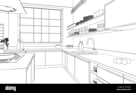 Interior Design modern Kitchen Drawing Plan Stock Photo - Alamy