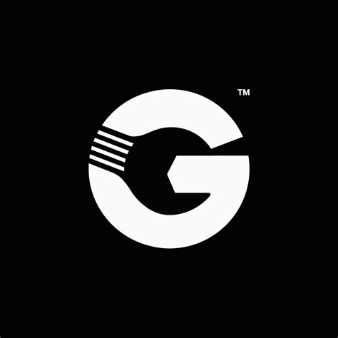 a black and white logo with the letter g in it's center, on a dark background