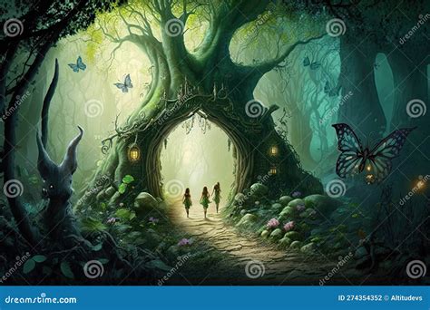 Enchanted Forest with Fairies, Elves and Other Magical Creatures Stock Illustration ...