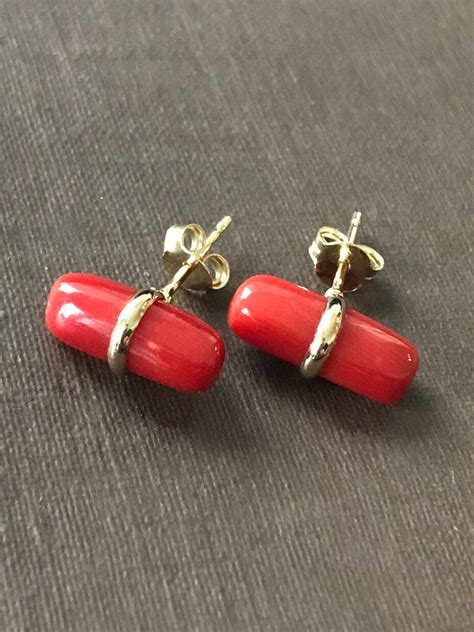 14k solid gold and genuine Mediterranean red coral stick | Etsy | Red coral earrings, Stick ...