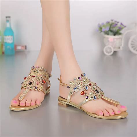 Fashion Plus Size Gold Diamond Flat Leather Flip Flops Sandals Online Bohemia Luxury Shoes For ...