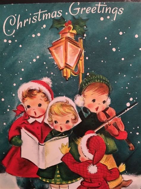 Christmas Greeting Hallmark Vintage Card Little Kids Caroling Singing in Snow | eBay | Vintage ...