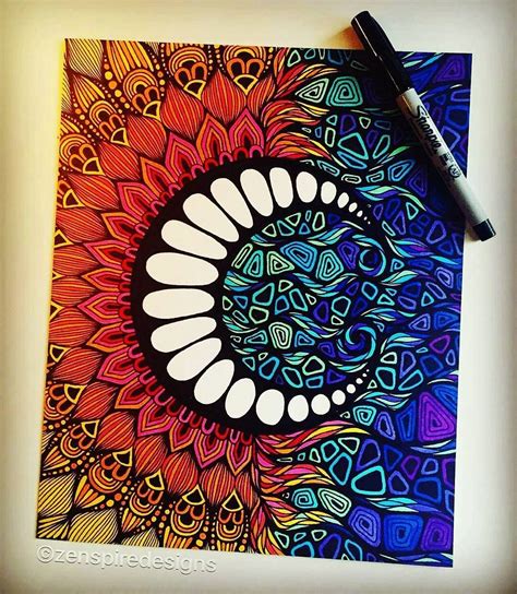 Moonstruck Beautiful patterns by @blynnxoxo - when the sun meets the moon #zentangle #zenspire # ...