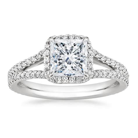 DiamondMuse - Princess Cut Swarovski & CZ Split Shank & Halo Engagement Ring In Rodium Plated ...