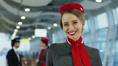 Free stock video - Portrait of the charming young blond stewardess in uniform looking and ...