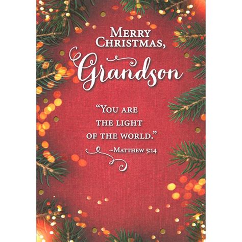 Pine Needles on Dark Red : Light of the World Religious Christmas Card for Grandson | PaperCards.com