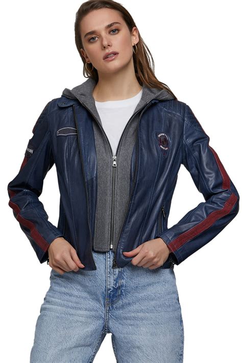 Cindy Kimberly Women's 100 % Real Navy Blue Leather Hooded Style Jacket