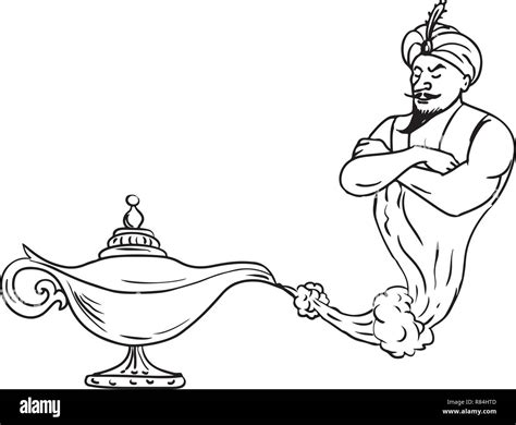 Drawing sketch style illustration of an Arabian genie coming out of an old oil lamp on isolated ...