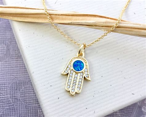 Bat Mitzvah gift, gold hamsa hand evil eye pendant necklace with opal ...