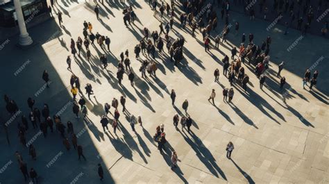 Premium AI Image | View of high above large crowd of people walking in city square commuter ...