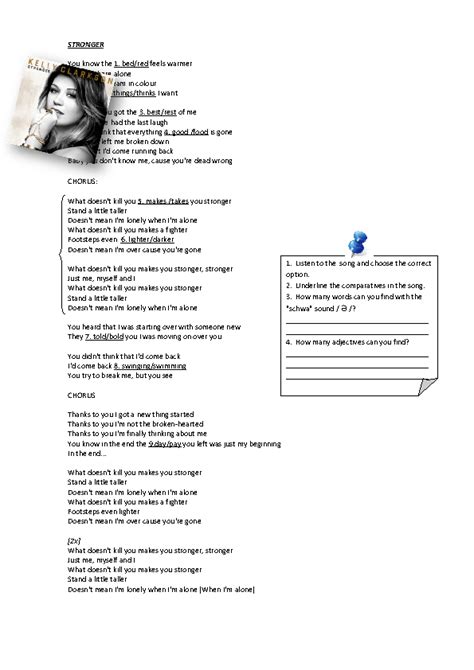 Song Worksheet: Stronger by Kelly Clarkson