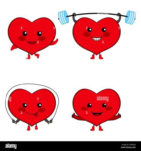 Collection of four cute heart cartoon characters exercising healthy ...