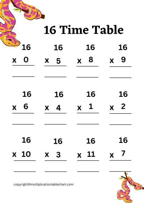 Sixteen Times Table Worksheet | Multiplication Table