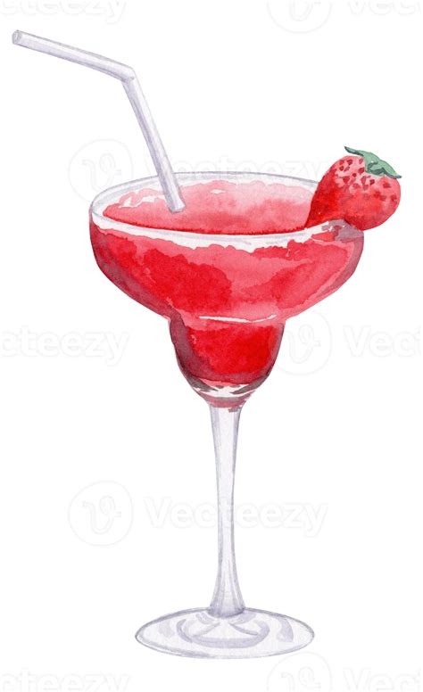 watercolor hand drawn red strawberry daiquiri cocktail in glass ...